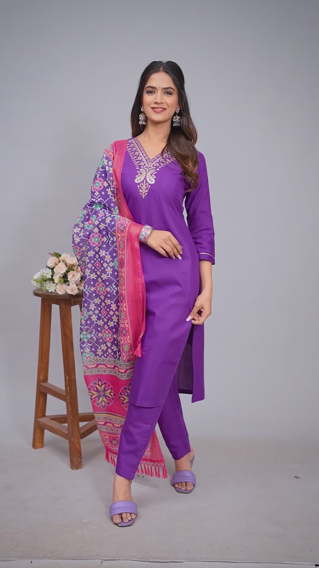 Royal Purple Embroidered Kurta Pant Set with Vibrant Patola Inspired Pink Dupatta