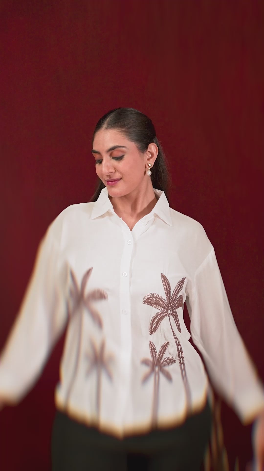 Ivory White Embroidered Shirt with Palm Tree Motif